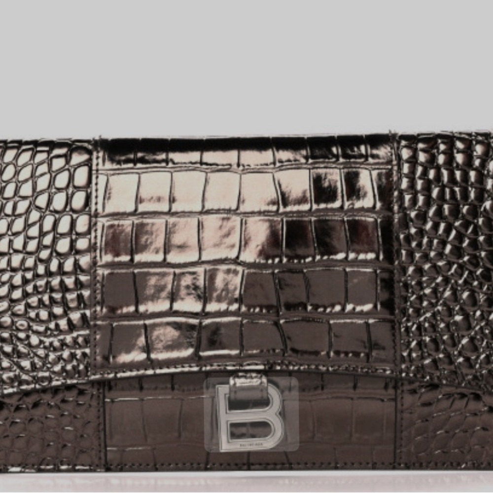 Shiny Metallic Calfskin Crocodile Embossed Hourglass Flap Flat Pouch Dark Bronze